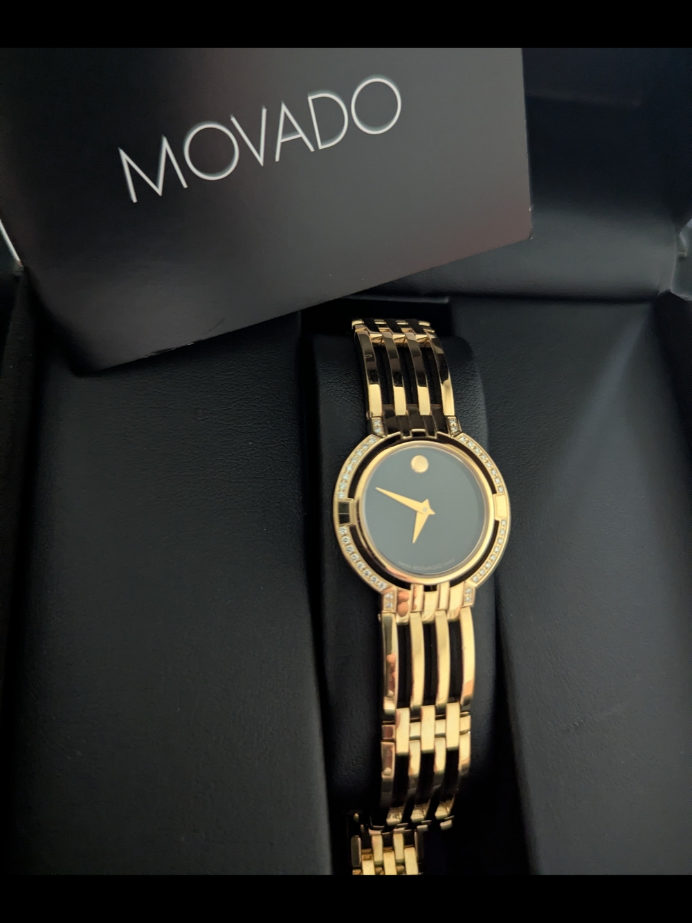 Movado Watch Women’s Gold Black Dial Diamond Bracelet $2795 - Picture 2 of 16
